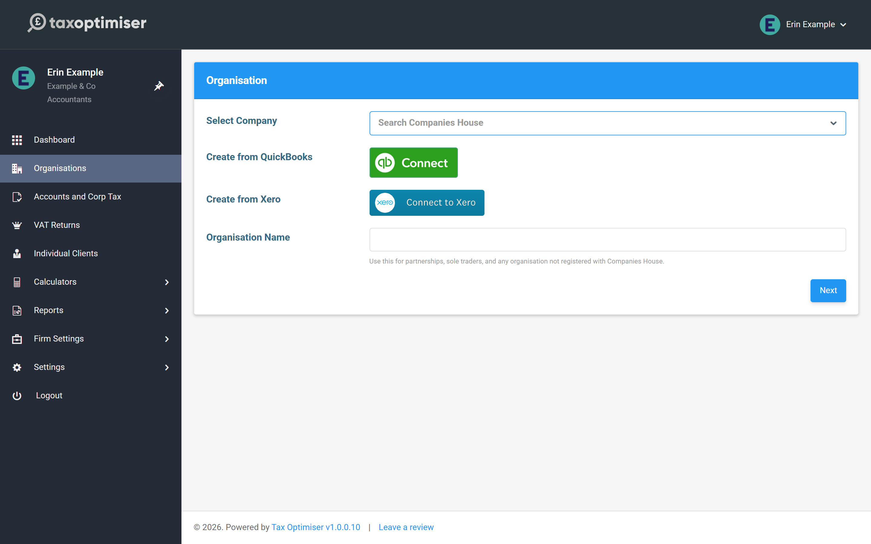 The create-organisation page: Companies House search, QuickBooks and Xero connections, and the plain Organisation Name field