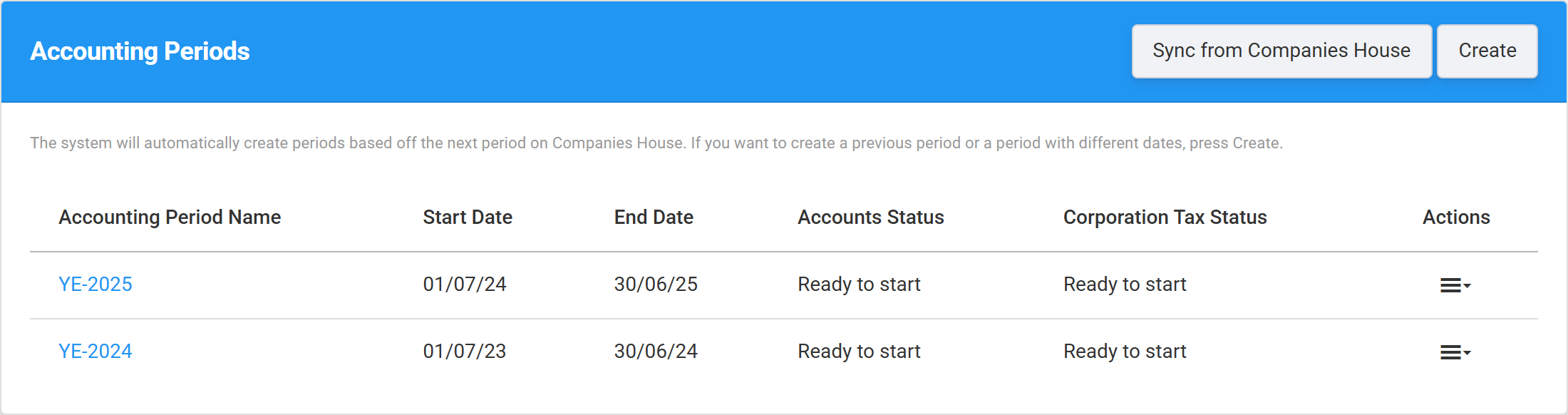 The Accounting Periods list under Accounts and Corp Tax, with the Sync from Companies House and Create buttons