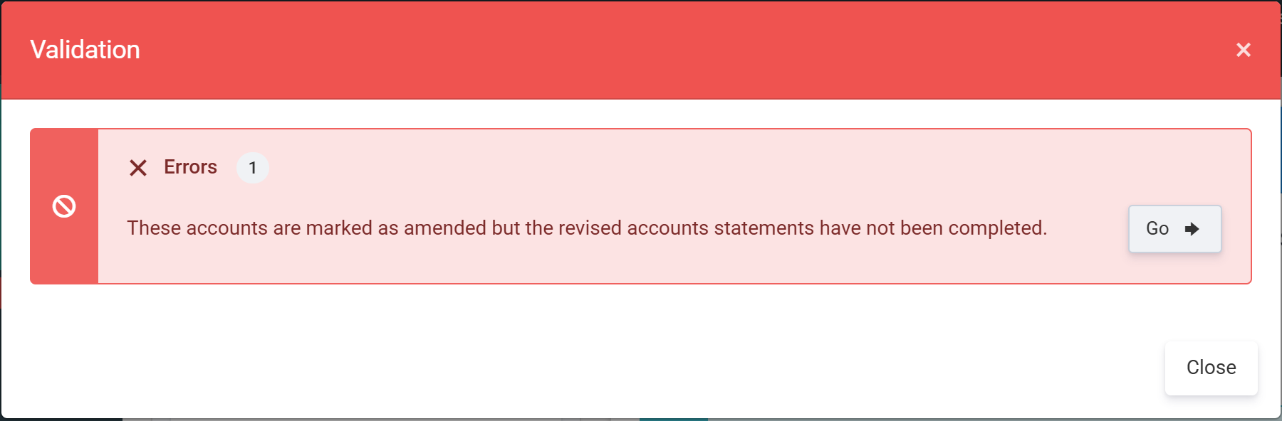 The Validation list showing the revised accounts error on an amended period