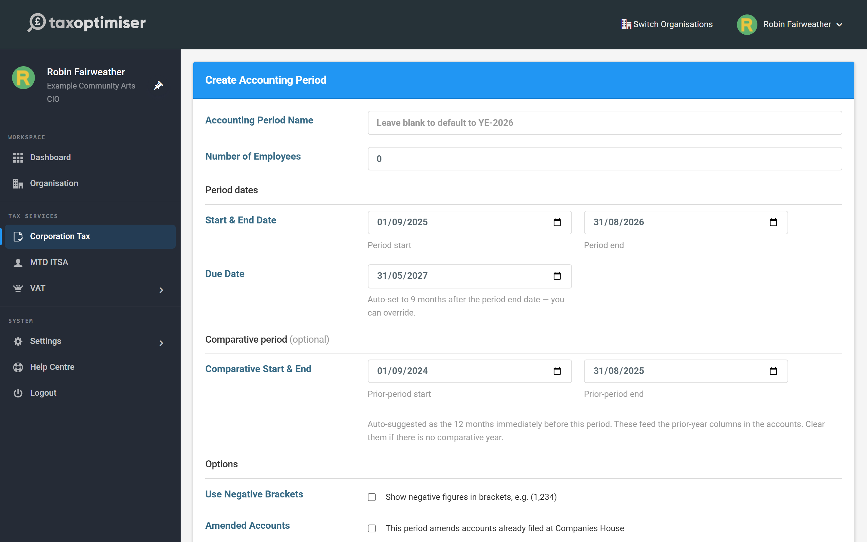 The Create Accounting Period screen