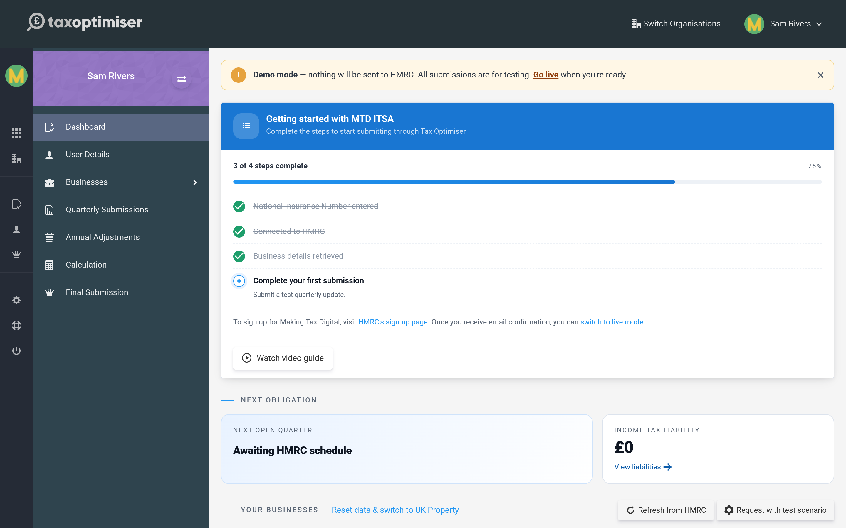 The MTD ITSA dashboard in demo mode: onboarding checklist, next obligation, income tax liability and the list of businesses