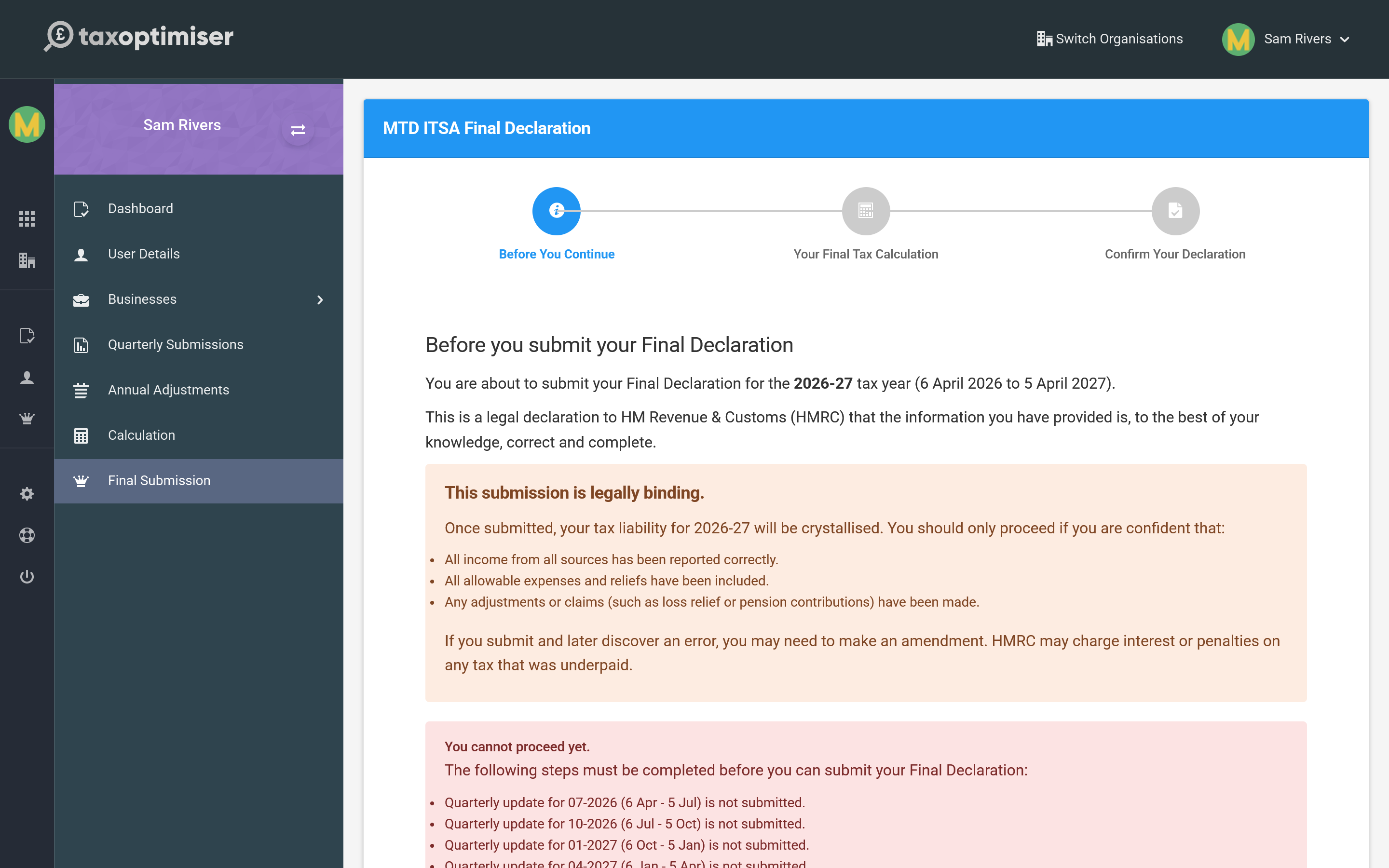 The MTD ITSA Final Declaration wizard: Before You Continue, Your Final Tax Calculation and Confirm Your Declaration, with a legally-binding warning