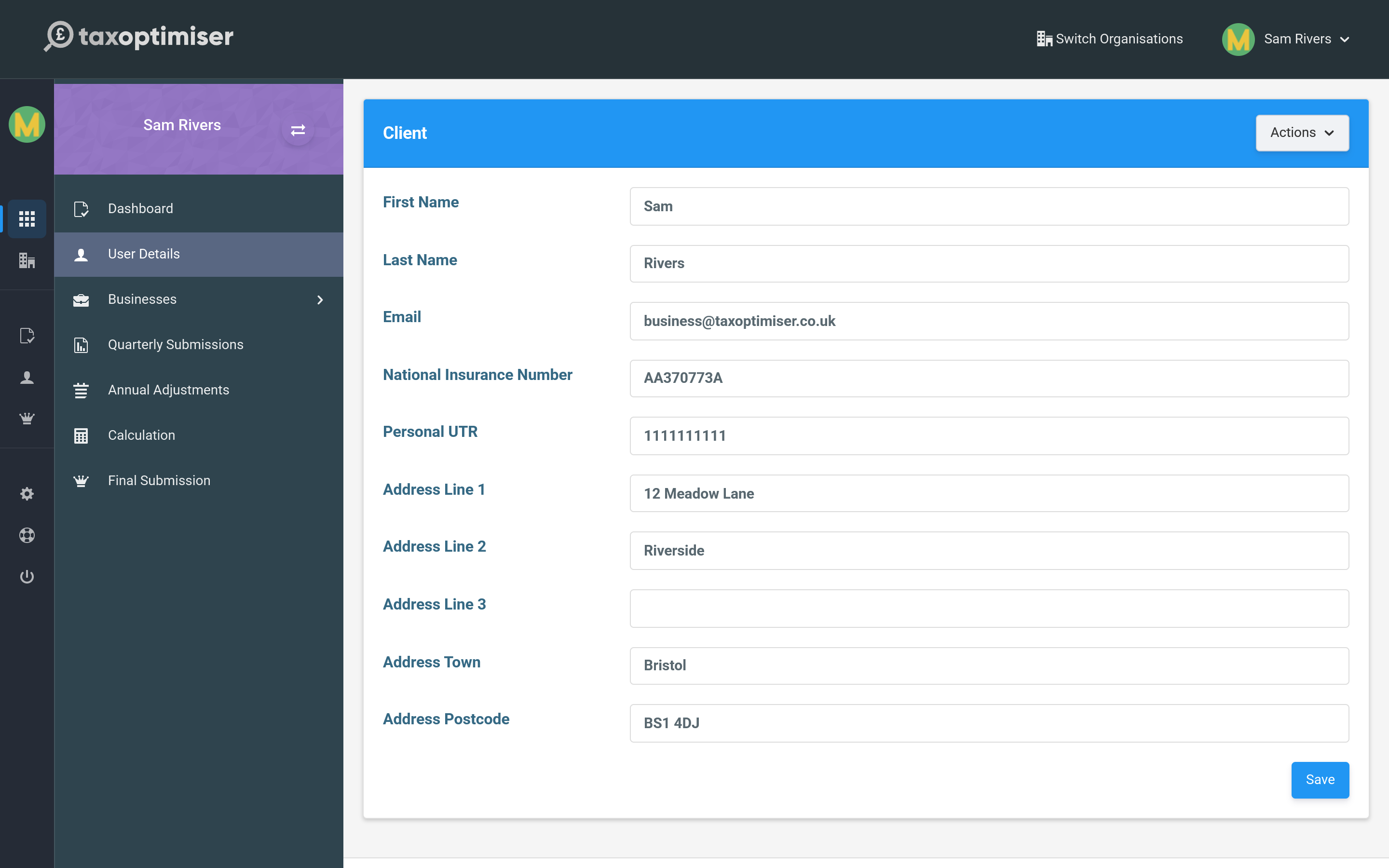 The User Details screen: name, email, National Insurance Number, Personal UTR and address