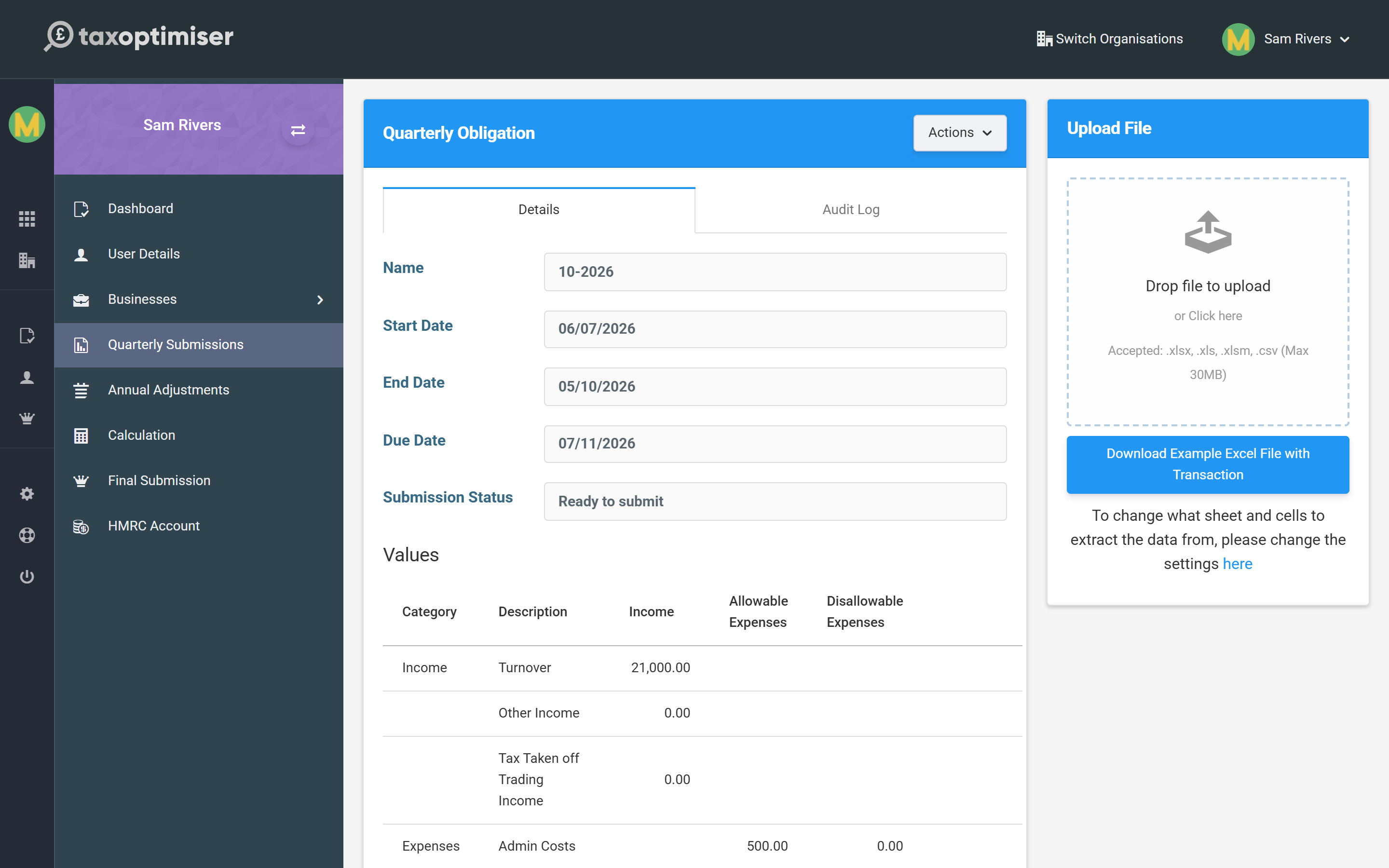 A quarterly obligation with the file upload panel and the values table