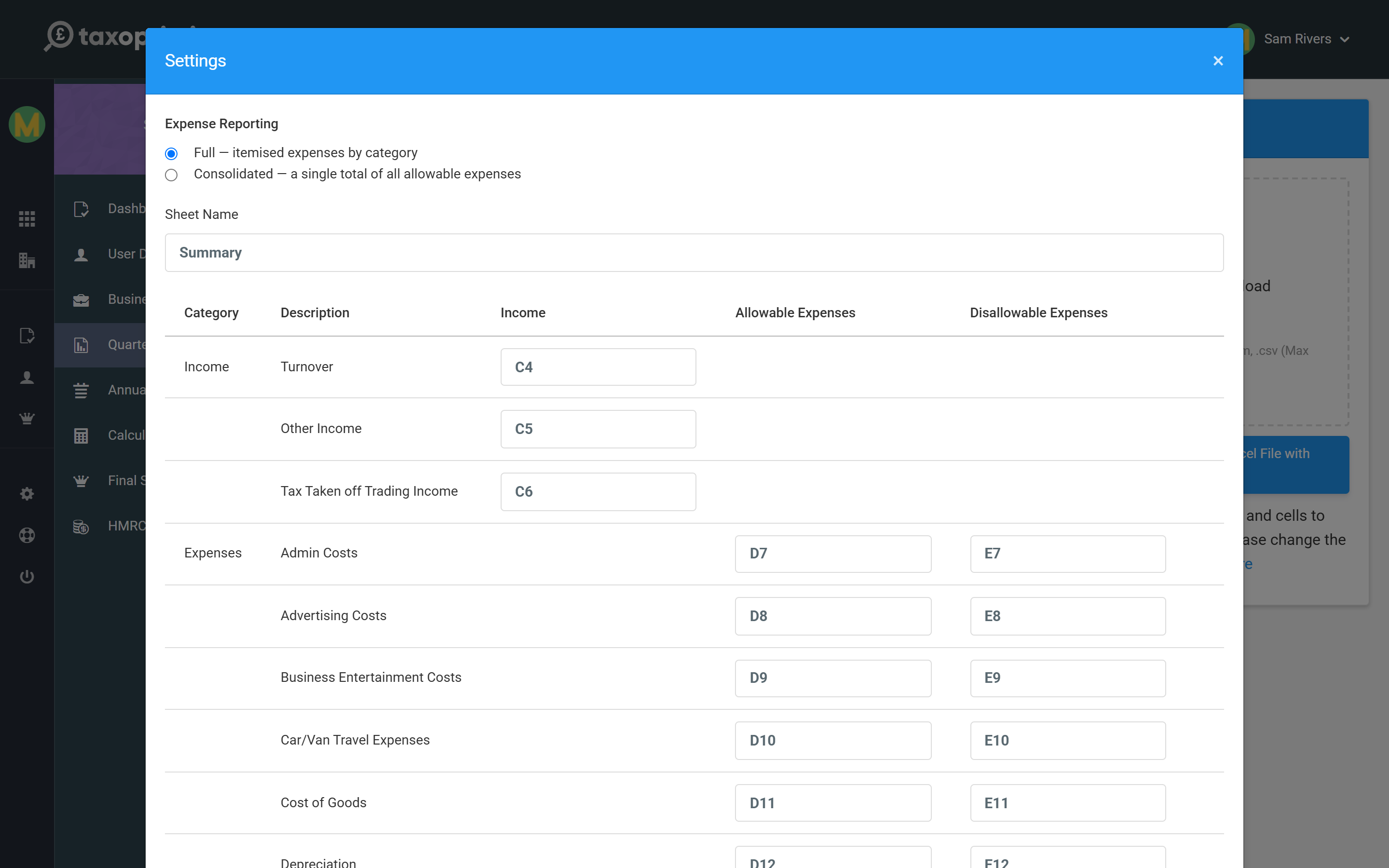 The settings dialog mapping each income and expense category to a sheet name and cell reference