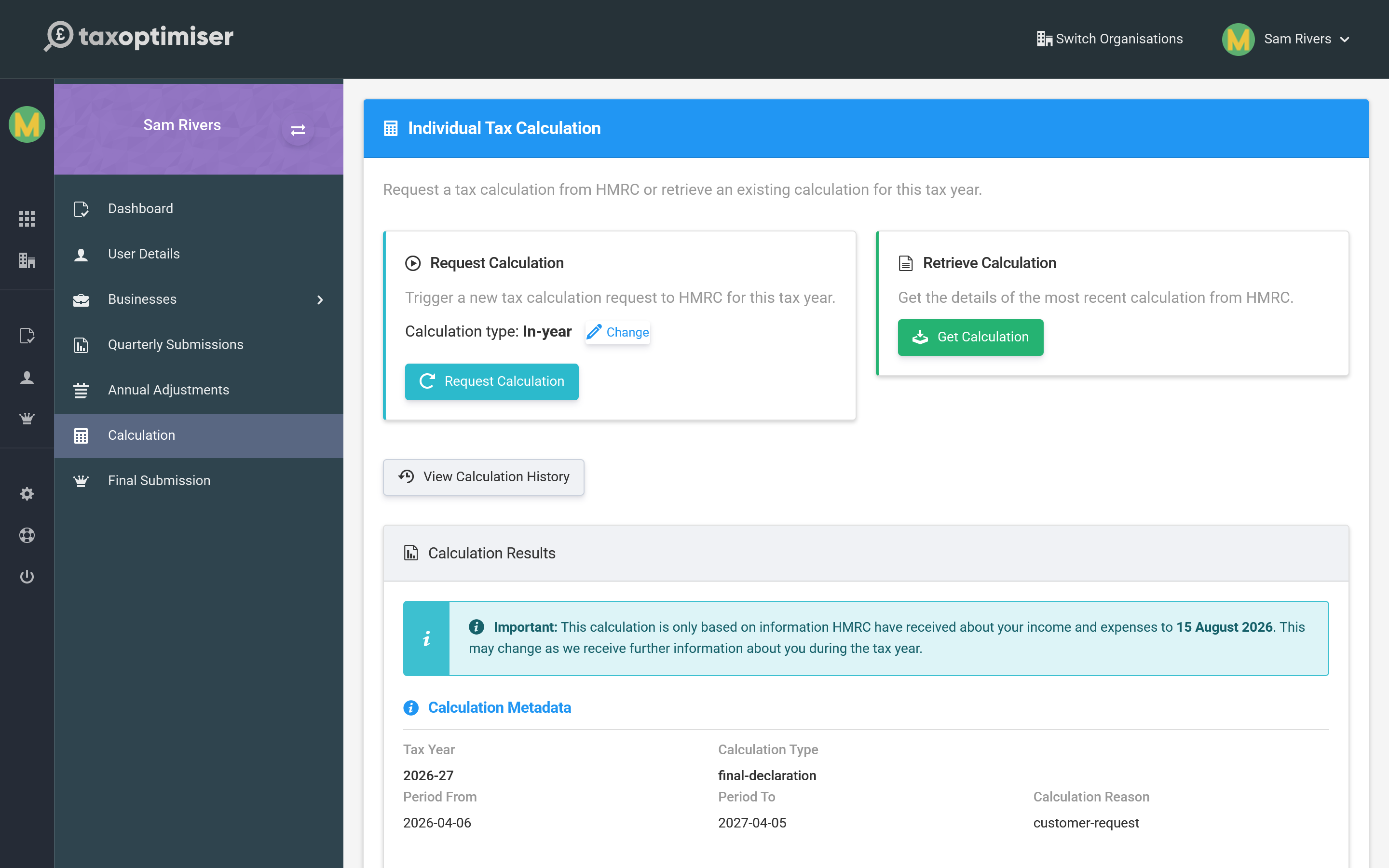 The Individual Tax Calculation screen with request and retrieve options and the calculation results and metadata