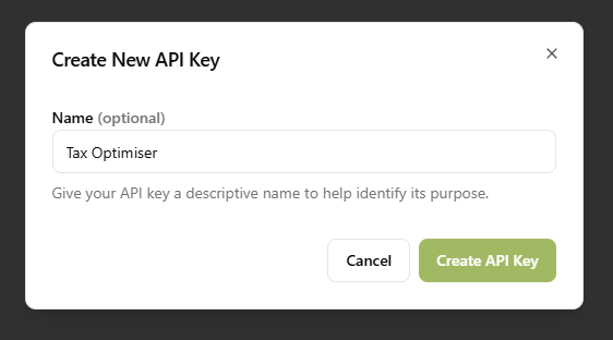 The Create New API Key dialog in Sodium with the name Tax Optimiser entered