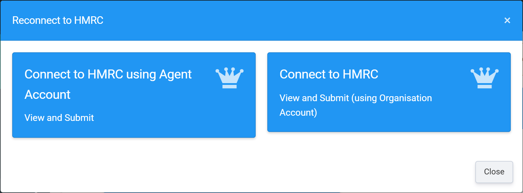The Connect to HMRC choice showing the Agent Account option alongside the Organisation Account option