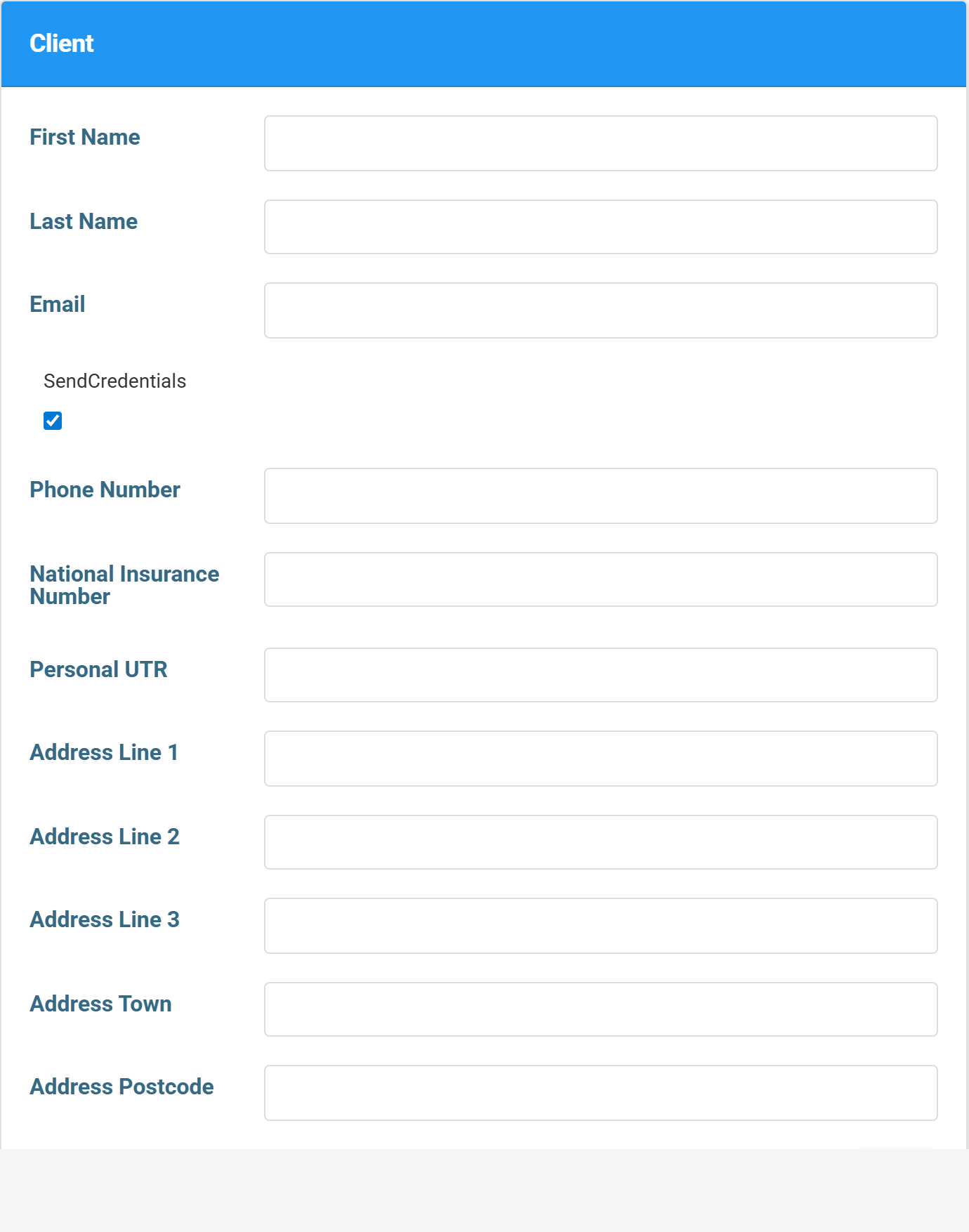Adding an individual to a client organisation with first name, last name, email and Send Credentials
