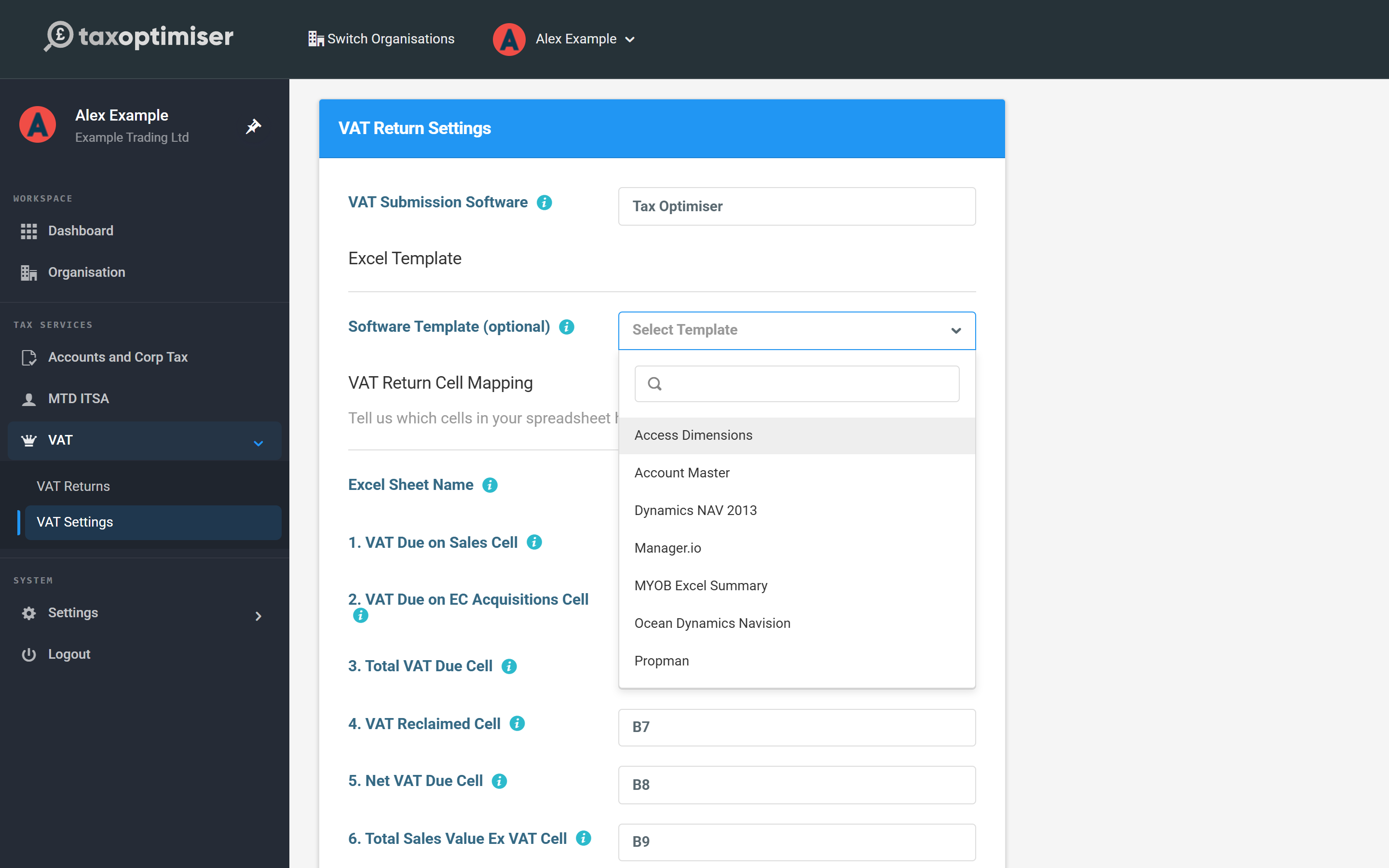 The Software Template dropdown listing Access Dimensions, Account Master, Dynamics NAV, Manager.io, MYOB and more