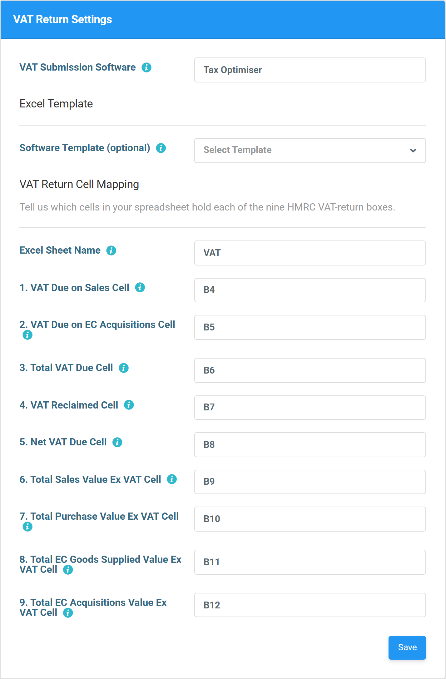 The VAT Return cell mapping with sheet name VAT and cells B4 to B12