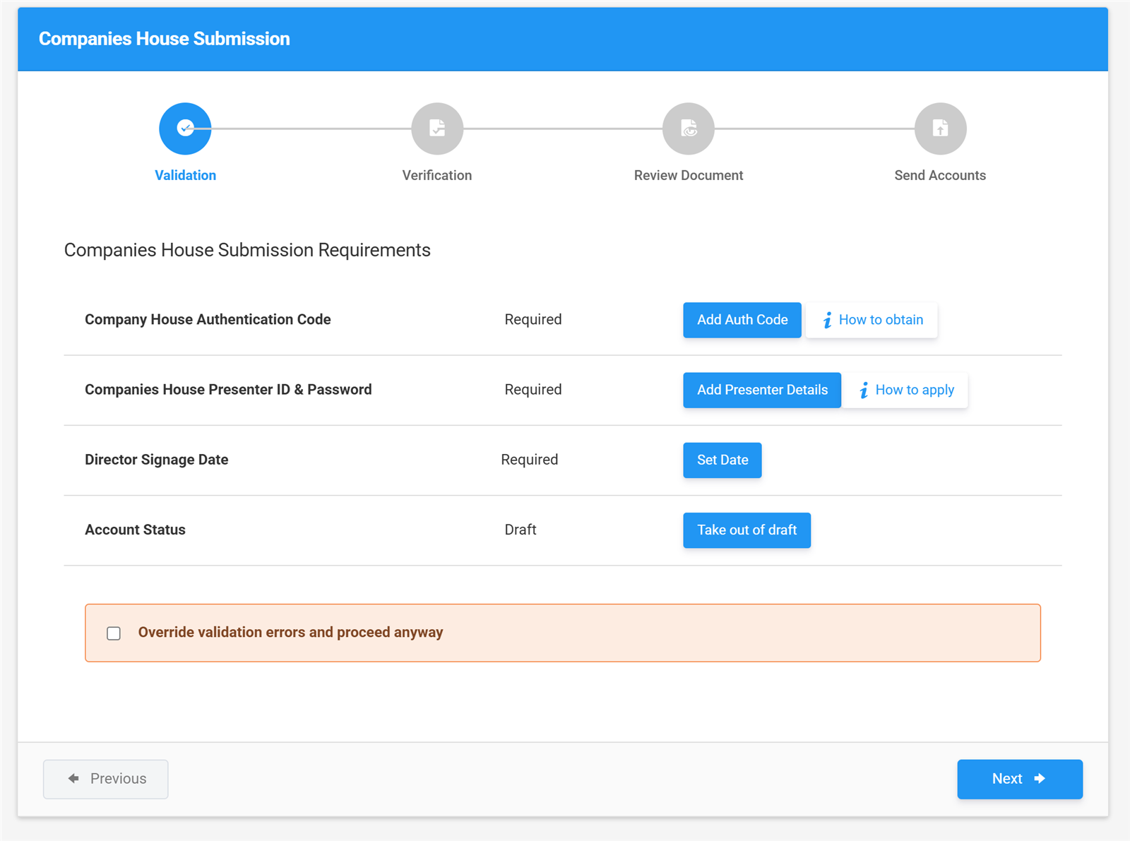 Companies House submission wizard showing the validation, verification, review and send steps