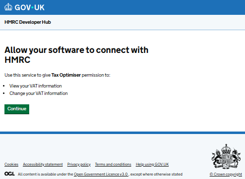 GOV.UK page granting Tax Optimiser permission to view and change your VAT information